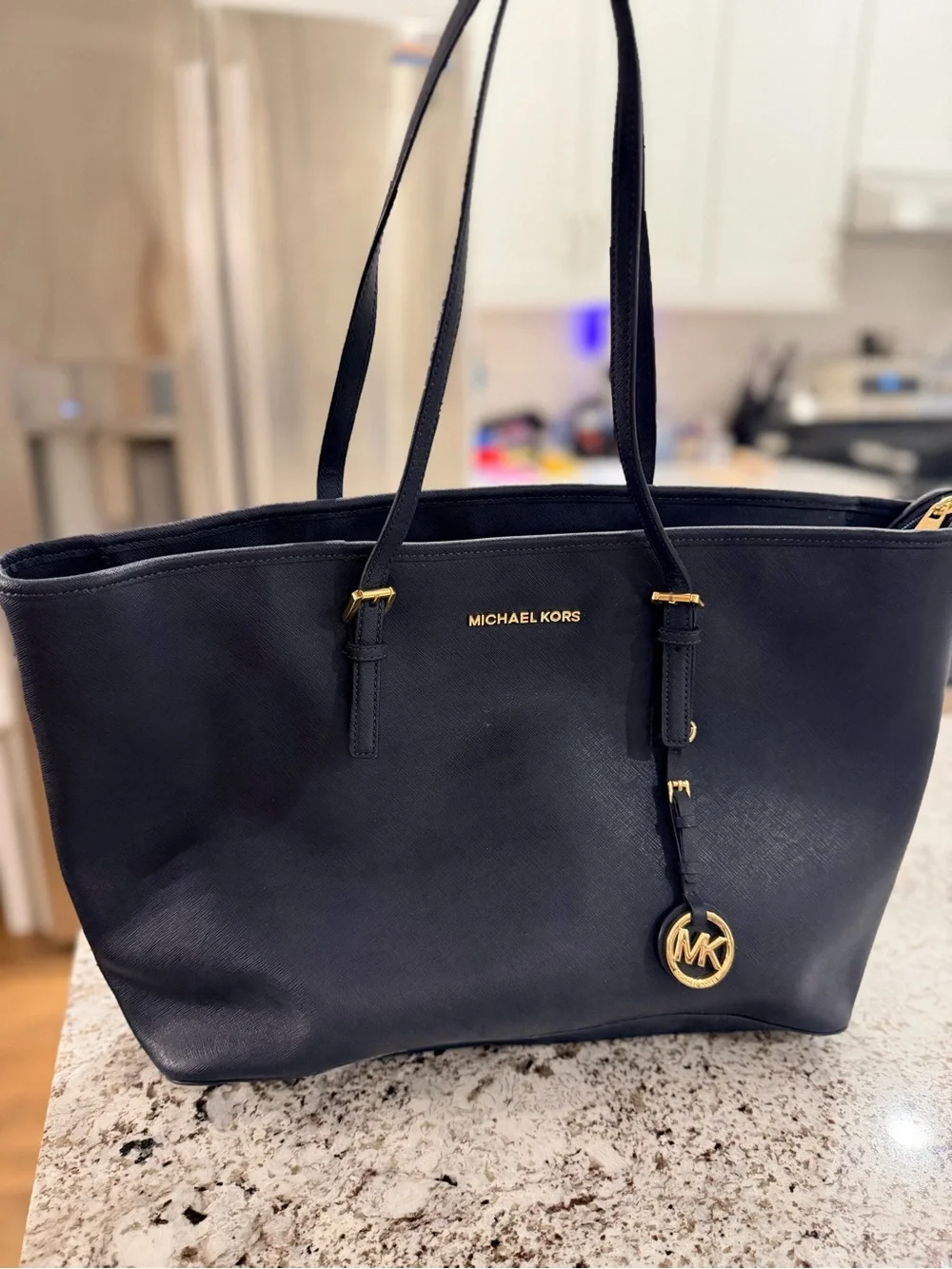 Michael Kors Navy Leather Tote with Gold MK Charm